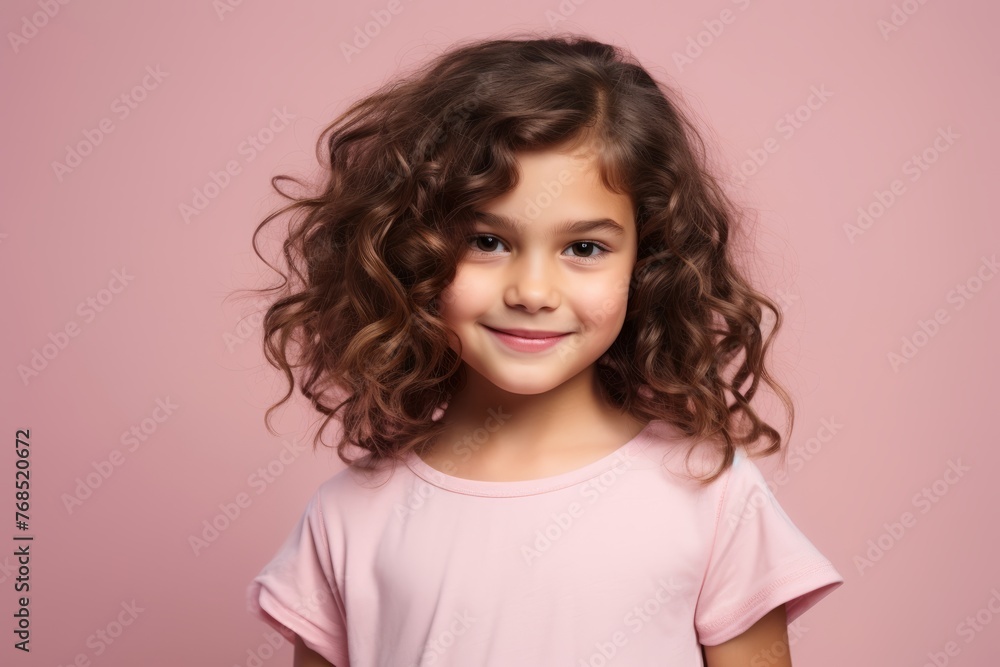 Portrait of a beautiful little girl with curly hair on a pink background Portrait of a beautiful little girl with curly hair on a pink background
