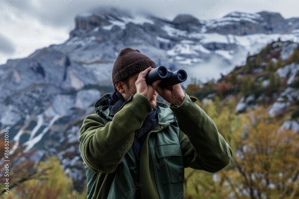 man with binoculars and camera, capturing mountain wildlife man with binoculars and camera, capturing mountain wildlife