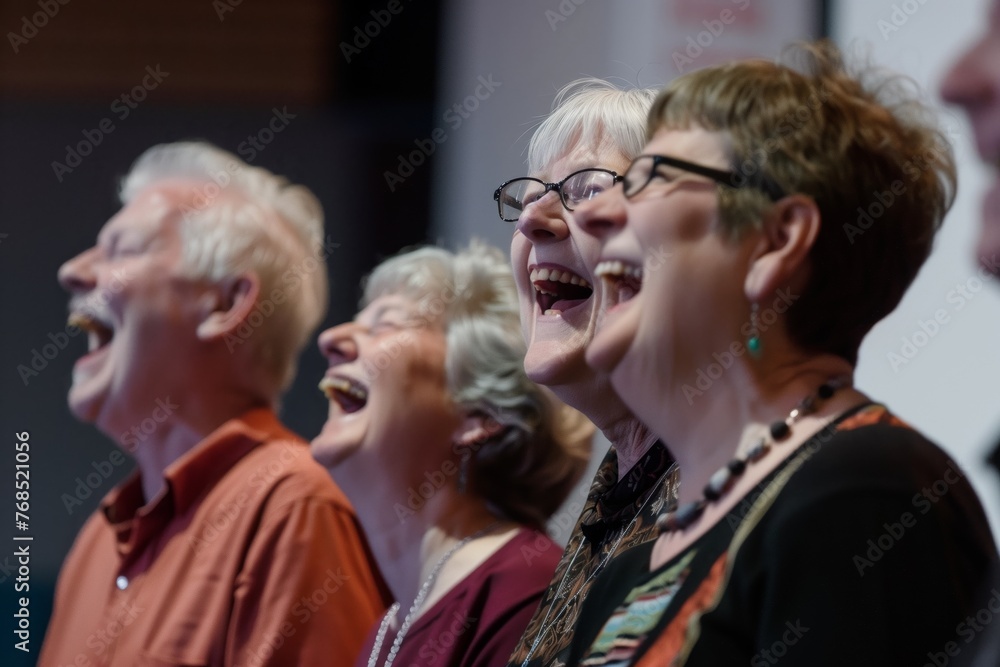senior choir members laughing during a rehearsal break senior choir members laughing during a rehearsal break