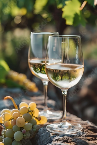 glasses of white wine presented white grapes on a natural background