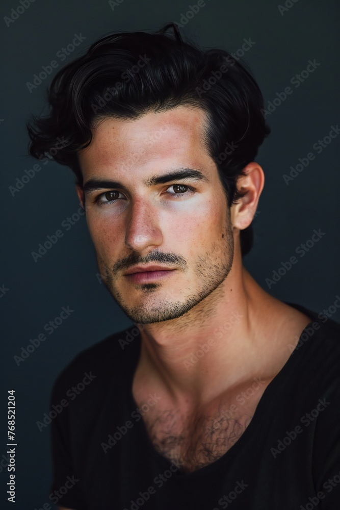 Portrait of a handsome young man on a dark background,  Men's beauty, fashion