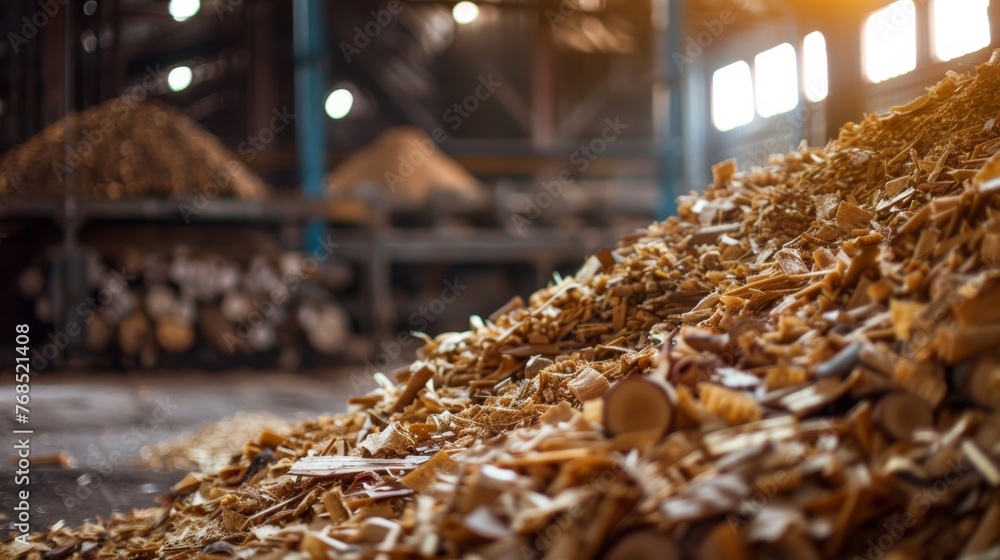 A wood chips piled high in a storage facility, the source of pulp for paper 