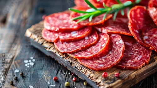 sliced cured Italian salami arranged beautifully on a natural wooden cutting board, exquisite texture and rich color of the salami against the rustic backdrop