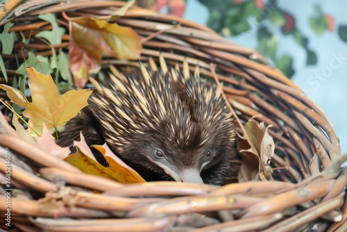 puggle baby echidna in a wicker basket with leaves photo