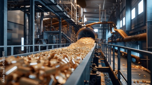 A conveyor belt transporting wood chips to the pulping process