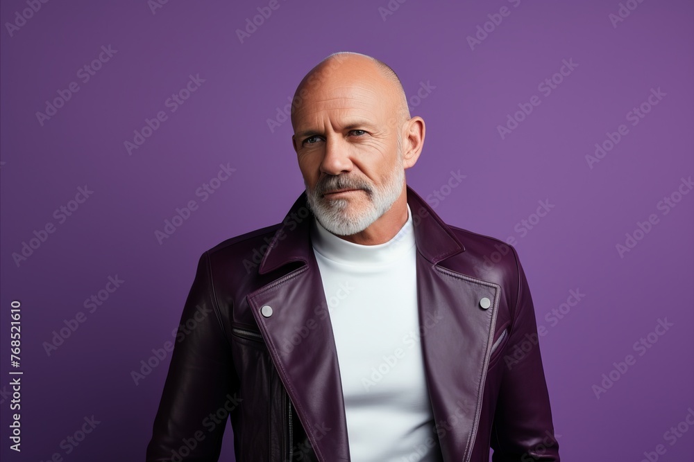 Handsome mature man in leather jacket and white t-shirt is posing against purple background. Handsome mature man in leather jacket and white t-shirt is posing against purple background.