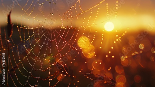 Spider Web Covered in Dew at Sunset