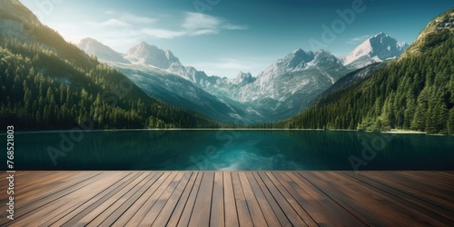 Surrounded by calm lake waters and majestic mountain peaks, empty wooden tables offer viewers a peaceful retreat photo