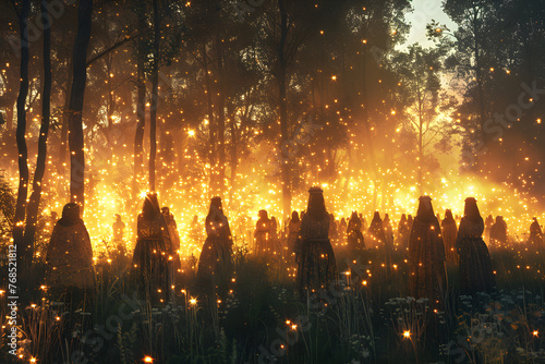 A 3D illustration of Kupala night celebration in a forest with women around a fire lit during the shortest night of the year. photo