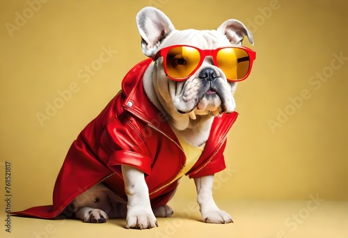 English Bulldog Dressed as a Cowboy wearing glasses and jacket with yellow plain background, funny pet, funny animals © iram
