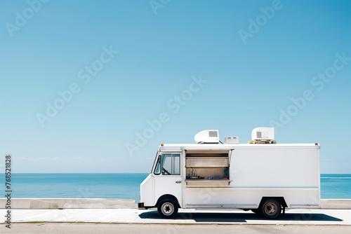 white food truck at a beachside with clear blue sky in the backdrop
