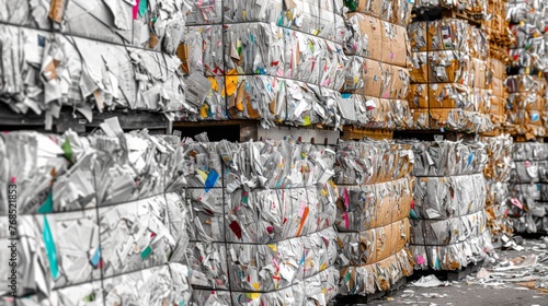 Stack of paper waste before shredding at recycling plant photo