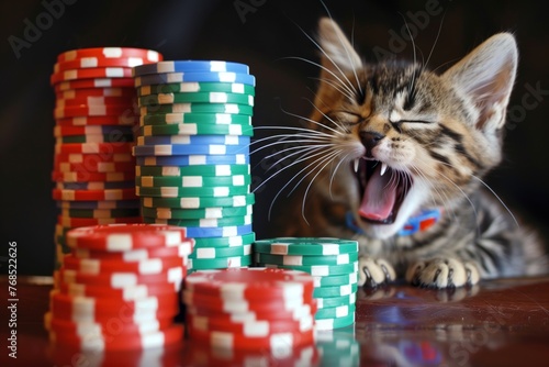 kitten yawning beside an allin bet with colorful chips photo