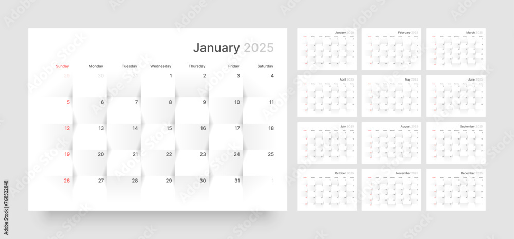 Monthly calendar template for 2025 year. Wall calendar in a minimalist style. Week Starts on Sunday. Monthly calendar template for 2025 year. Wall calendar in a minimalist style. Week Starts on Sunday.