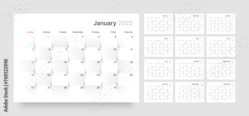Monthly calendar template for 2025 year. Wall calendar in a minimalist style. Week Starts on Sunday. 