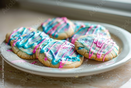 cookies with blue and pink icing on a white plate