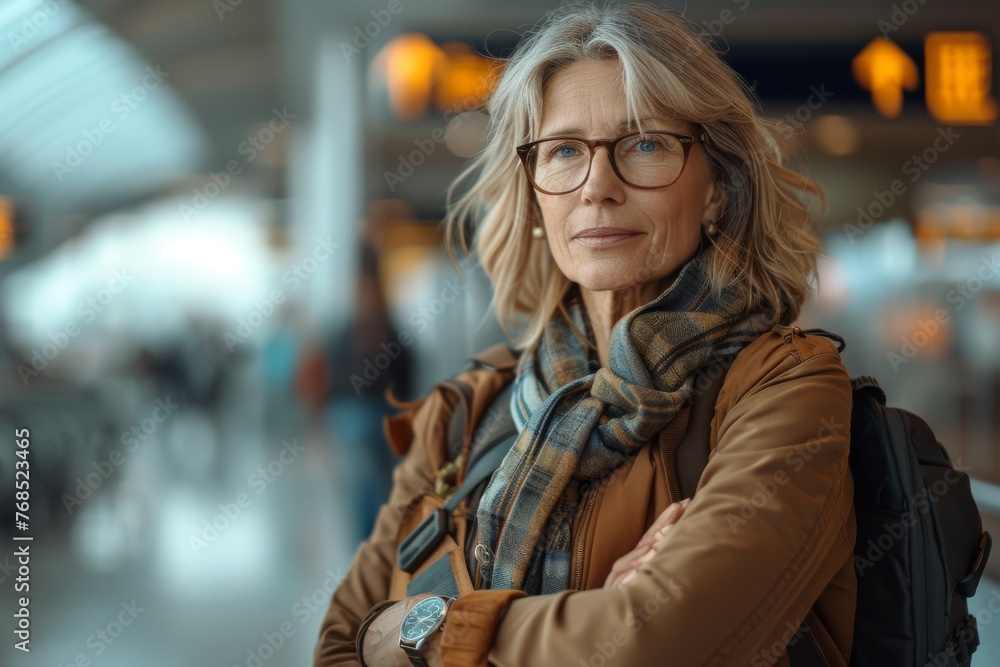 Confident senior woman traveler at the airport with a backpack Confident senior woman traveler at the airport with a backpack