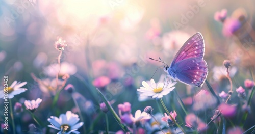 Beautiful spring nature background with a purple butterfly and white flowers in a green meadow, copy space for text