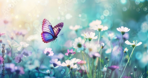 Beautiful spring nature background with a purple butterfly and white flowers in a green meadow, copy space for text