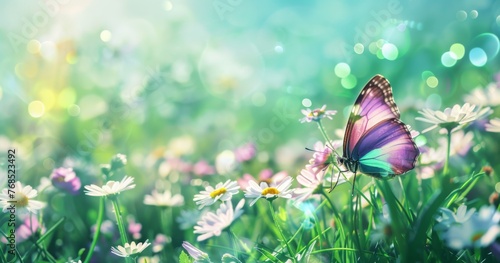 Beautiful spring nature background with a purple butterfly and white flowers in a green meadow, copy space for text photo