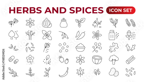 Herbs and spices - minimal thin-line web icon set. Outline icons collection. Spices, condiments, and herbs.Condiment icons set. Outline icon set.