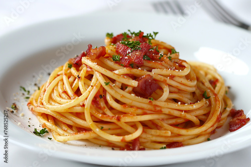 Spaghetti, photo of spaghetti with bacon on white plate with fork Picture of spaghetti with red sauce and cheese