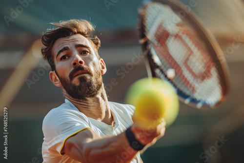 Tennis player hitting ball with racket during match. Focus and determination concept. Intense play under sunlight, Ball in the air, racket reaching out, powerful sport moment with copy space
