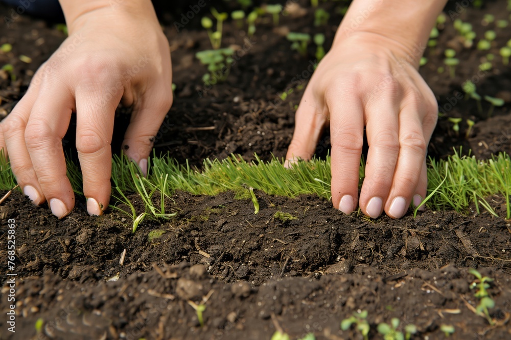 closeup of hands pressing down a sod strip onto soil closeup of hands pressing down a sod strip onto soil