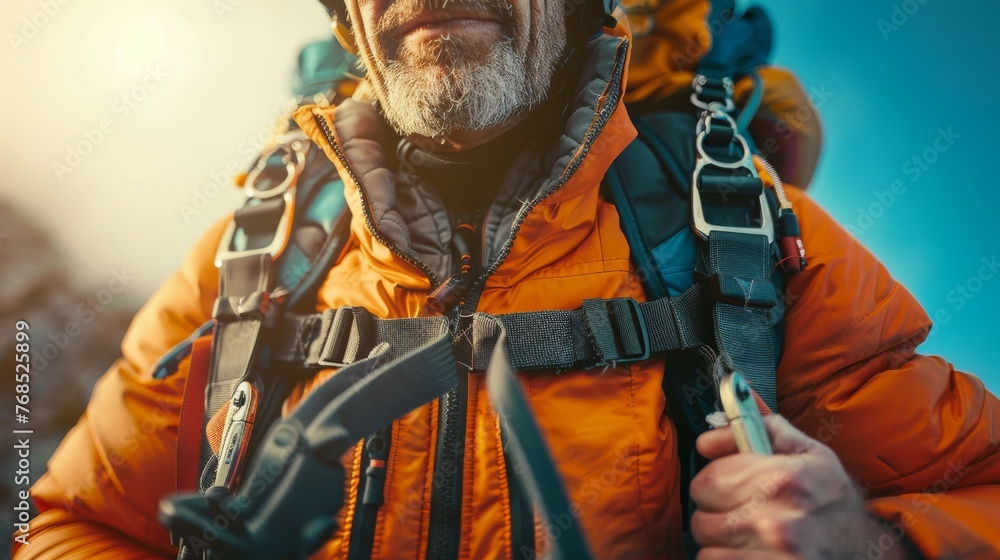 Obraz premium Close-up of a mature male hiker in his 50s with climbing gear in the mountains