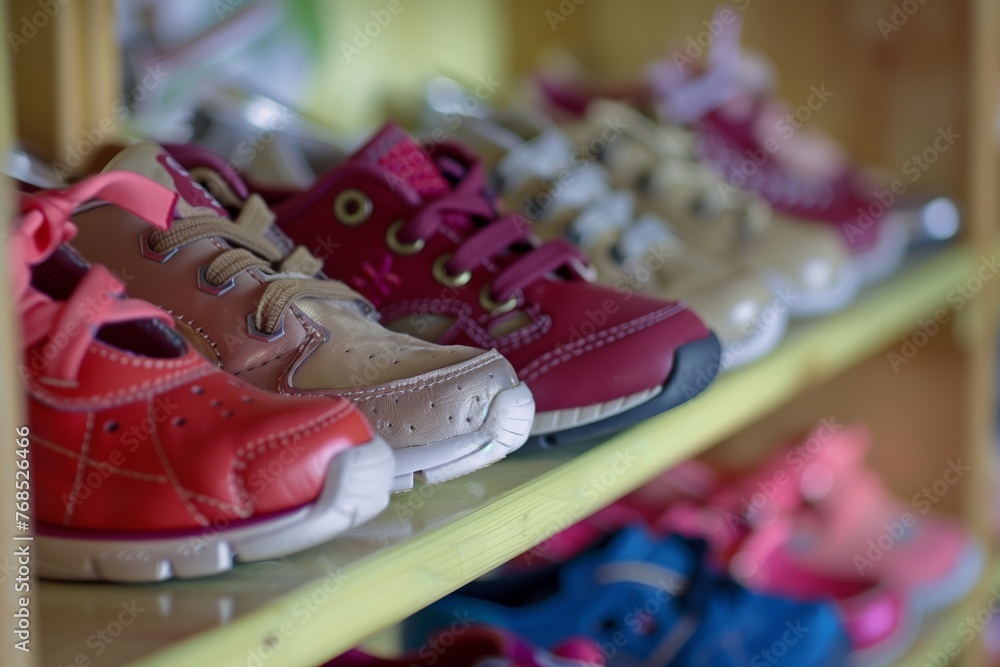 row of kids shoes displayed on a shelf row of kids shoes displayed on a shelf