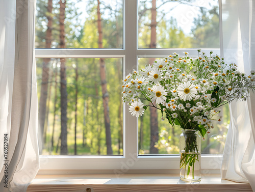 White window in a rustic wooden house overlooking the pine forest. Bouquet of white daisies in a vase on the windowsill