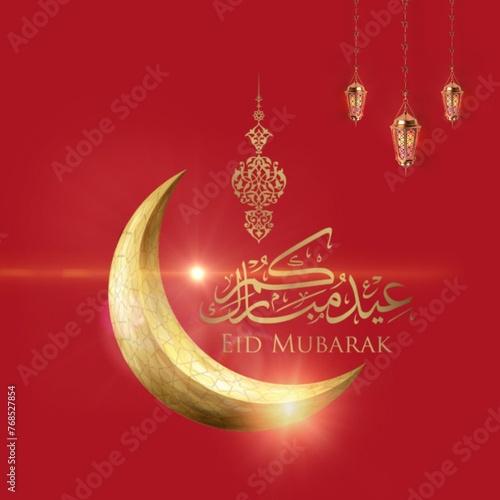 Eid Mubarak Islamic greeting design crescent moon and Arabic calligraphy and red them.