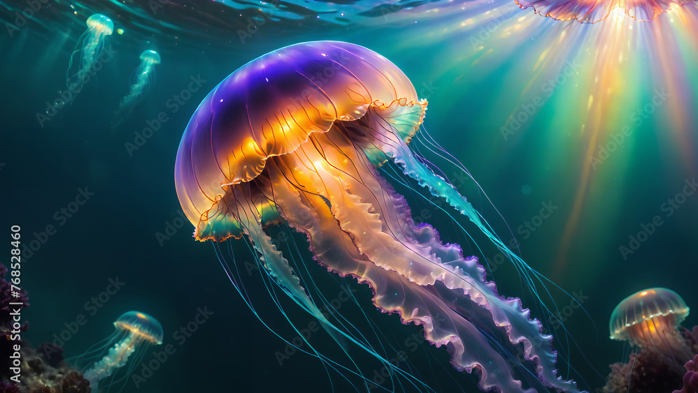 jellyfish with iridiscent glow sun rays piercing through the sea water jellyfish with iridiscent glow sun rays piercing through the sea water