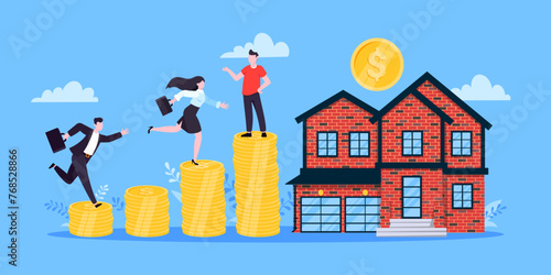Mortgage refinance to buy a house flat style design business concept. Real estate property or mortgage loan investment. Business people climb money coin stack and home building vector illustration.