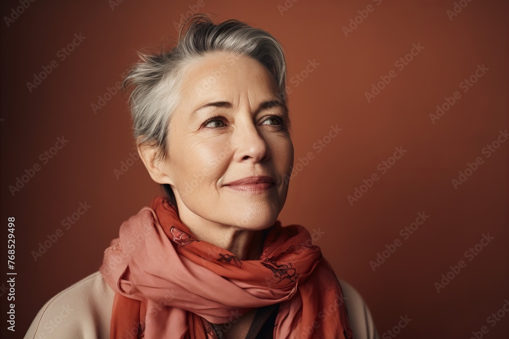 Portrait of a happy senior woman in scarf on brown background. Portrait of a happy senior woman in scarf on brown background.