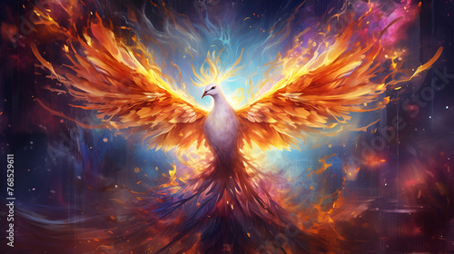  AI Generated. AI Generative. Phoenix bird on black background. Mythology symbol decoration creature of rebirth fire flame concept