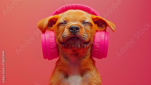 Cheerful Puppy Immersed in Music through Fancy Headphones photo