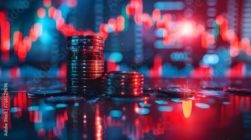 China Flag Double Exposure on Stacks of Coins and Stock Market Chart - Business, Finance, and Technology Concept in Red and Blue Lighting photo