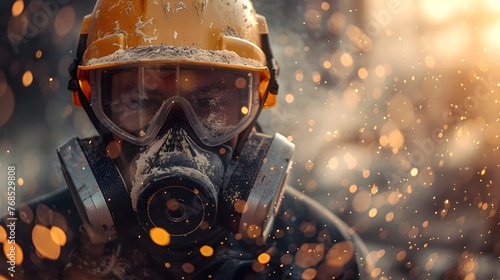 Construction Worker Prioritizing Health Donning High-grade Dust Mask Amid Glassy Particles photo