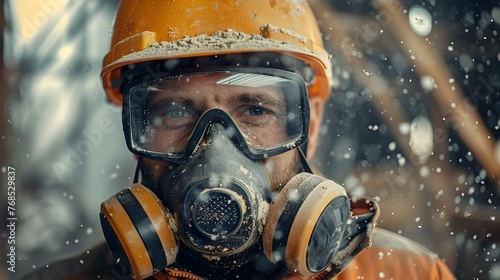 Construction Worker Prioritizing Health Donning High-Grade Dust Mask Amidst Glass Wool Particles photo