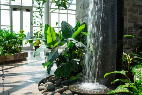 calming floorstanding waterfall feature in a sunny office atrium