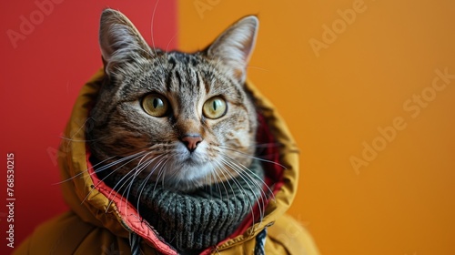 A cat in a sporty outfit against a split lime green and bright orange background, suggesting an active and energetic lifestyle.