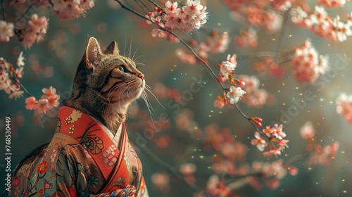 A cat in a traditional kimono against a split cherry blossom pink and soft green background, reflecting elegance and cultural beauty.