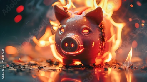 Financial Inferno Piggy Bank Engulfed in Flames Symbolizing Perilous Investment Choices photo