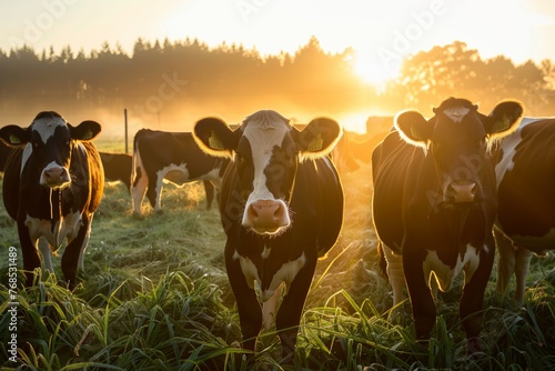 herd of cows at sunrise with mist, feeding on dewy grass