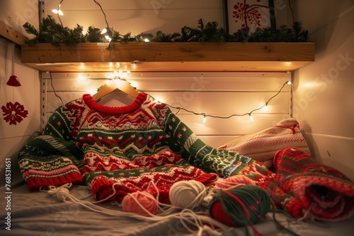 festive knitting nook adorned with string lights and a halffinished holiday sweater photo