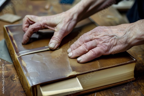 hands assembling a case for hardcover book binding photo