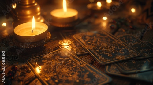 mystical and atmospheric setting with tarot cards and candles. Mystical Fortune telling