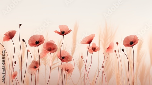 Ethereal double exposure of delicate poppies in soft red tones with artistic lighting techniques