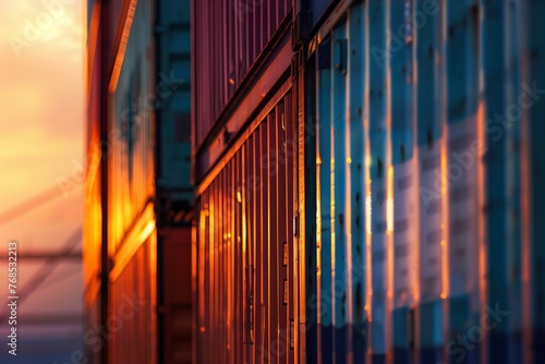 closeup of containers stacked on the deck at sunset